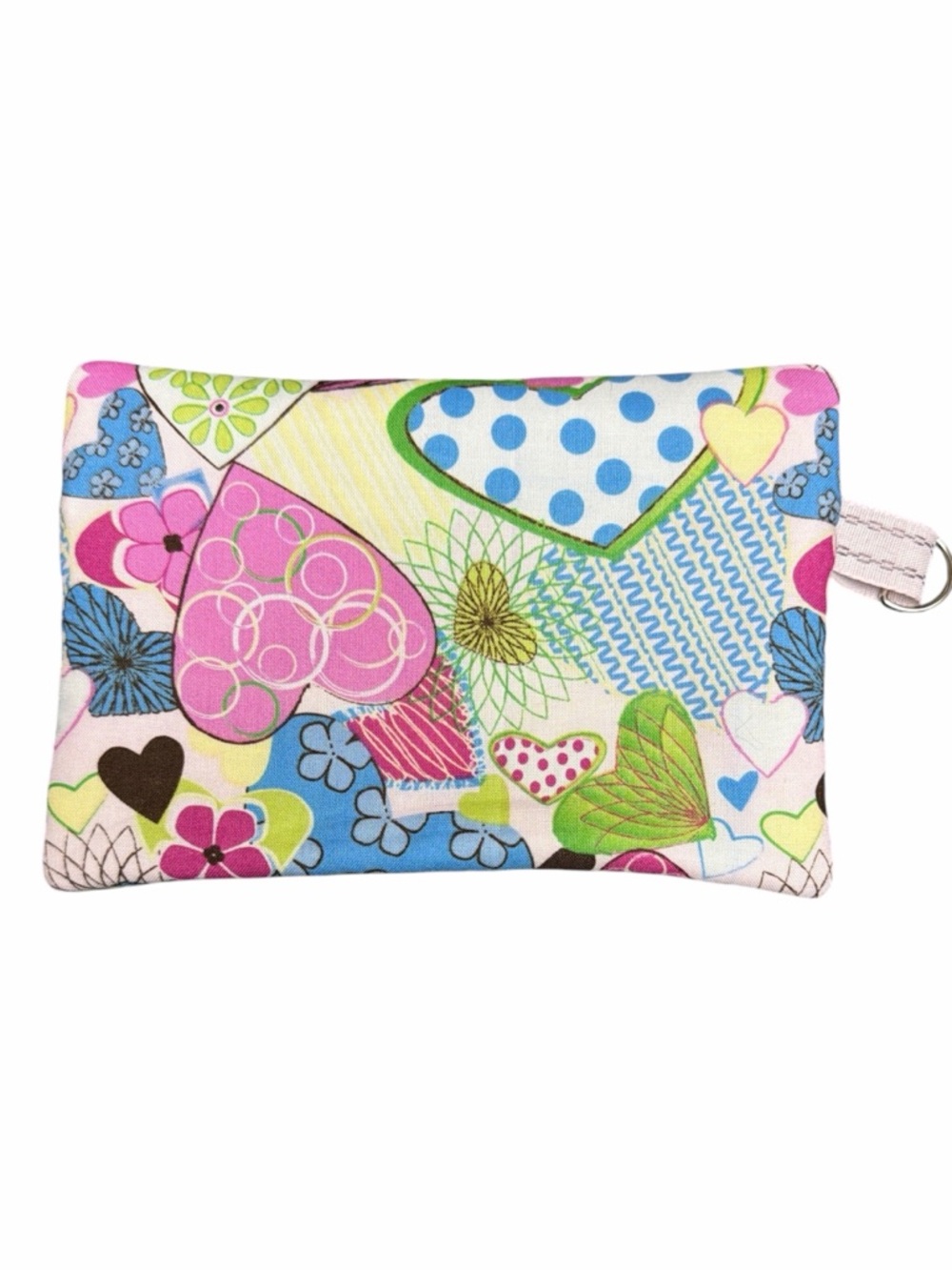 Hand Crafted Zipper Pouch Hearts Blue Pink and Green Zipper Wallet - Picture 5 of 11